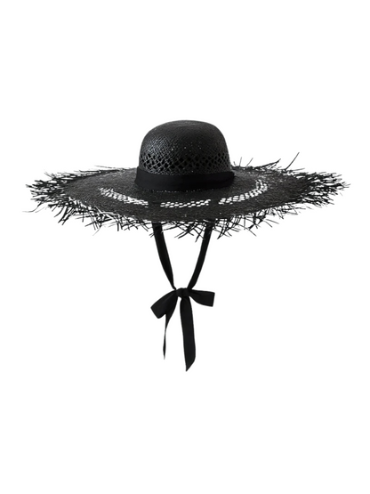 Black straw hat with decorative band 