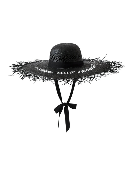 Black straw hat with decorative band 