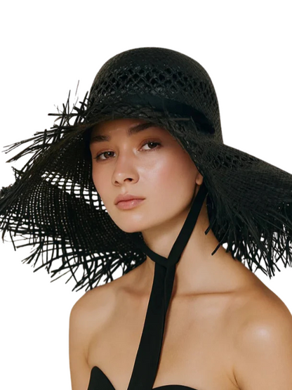 Black straw hat with decorative band 