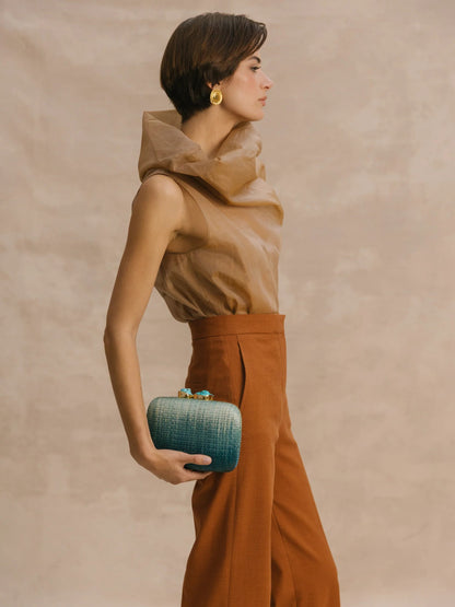 blue ombre buntal fiber clutch with natural stones