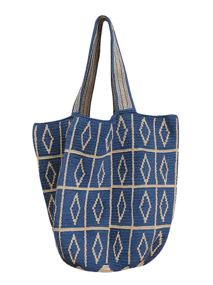 Blue woven tote with contrast lines