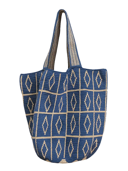 Blue woven tote with contrast lines