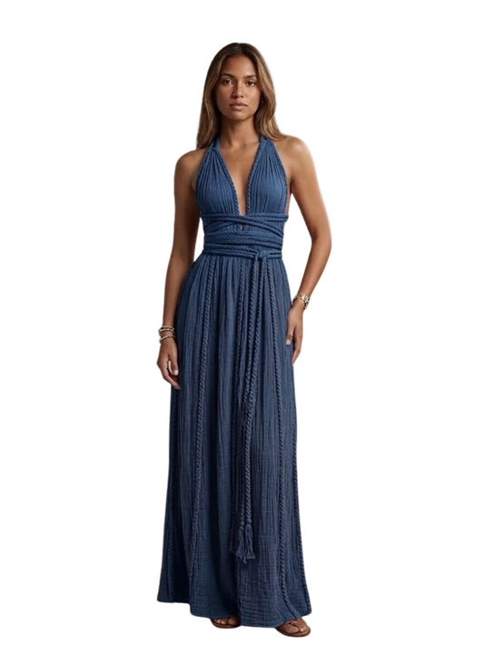  blue halter neck dress with rope details