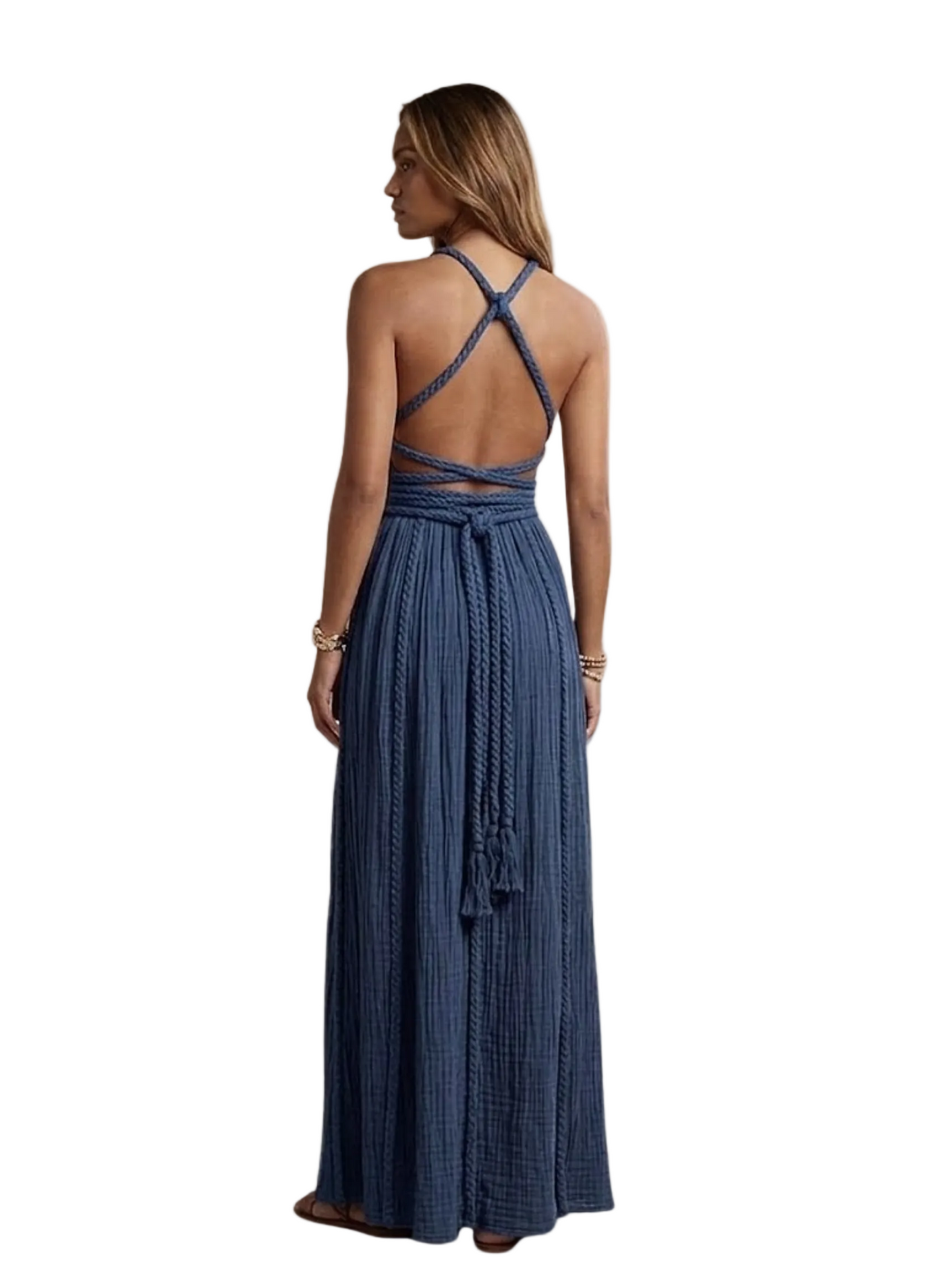  blue halter neck dress with rope details