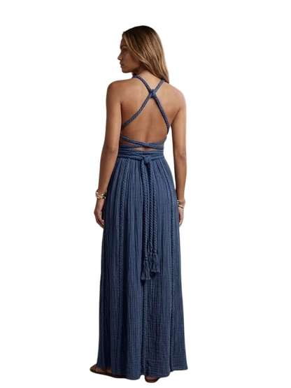  blue halter neck dress with rope details