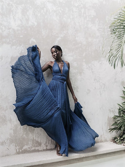  blue halter neck dress with rope details