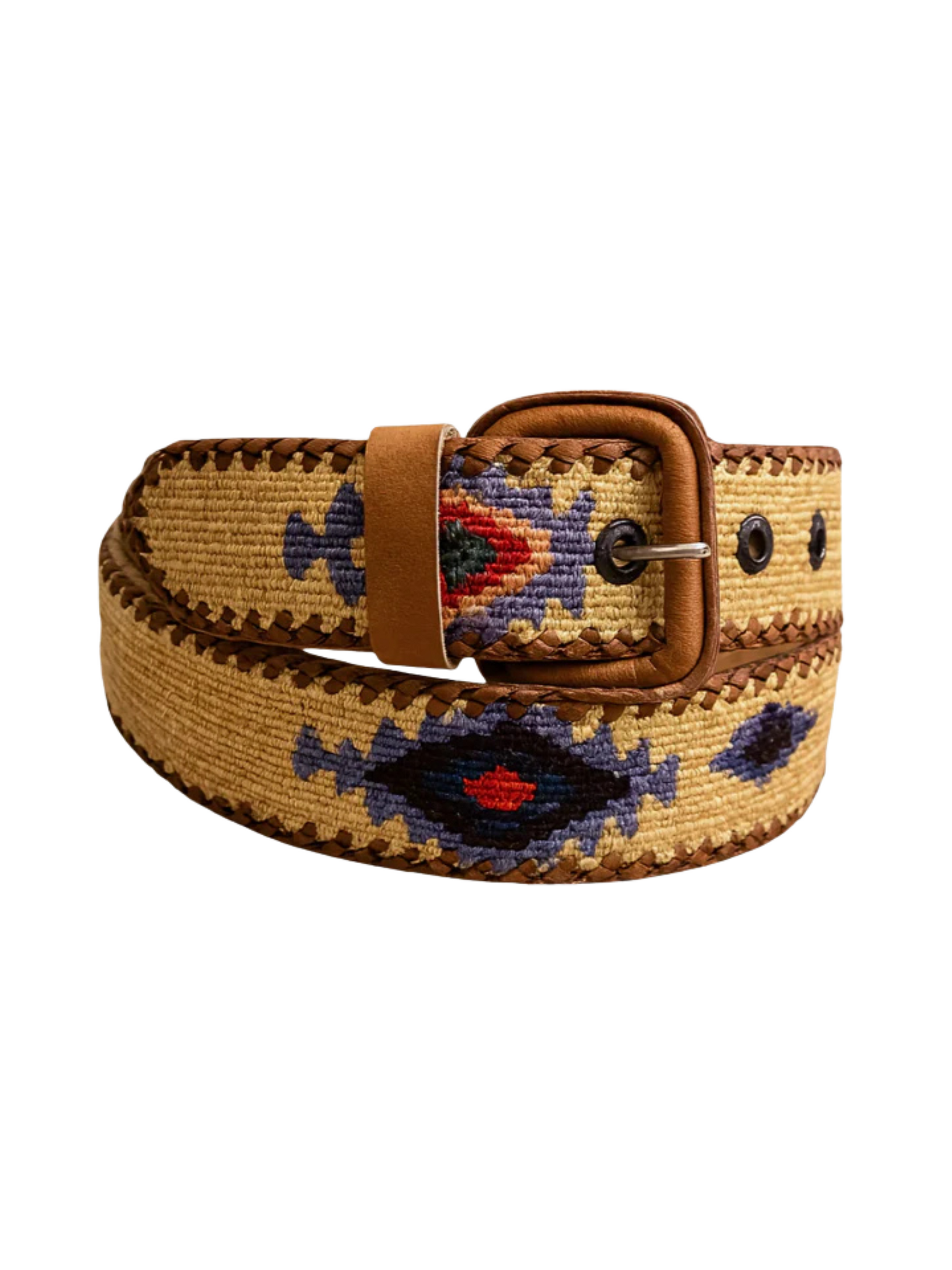 Woven beige yellow belt with leather buckle 