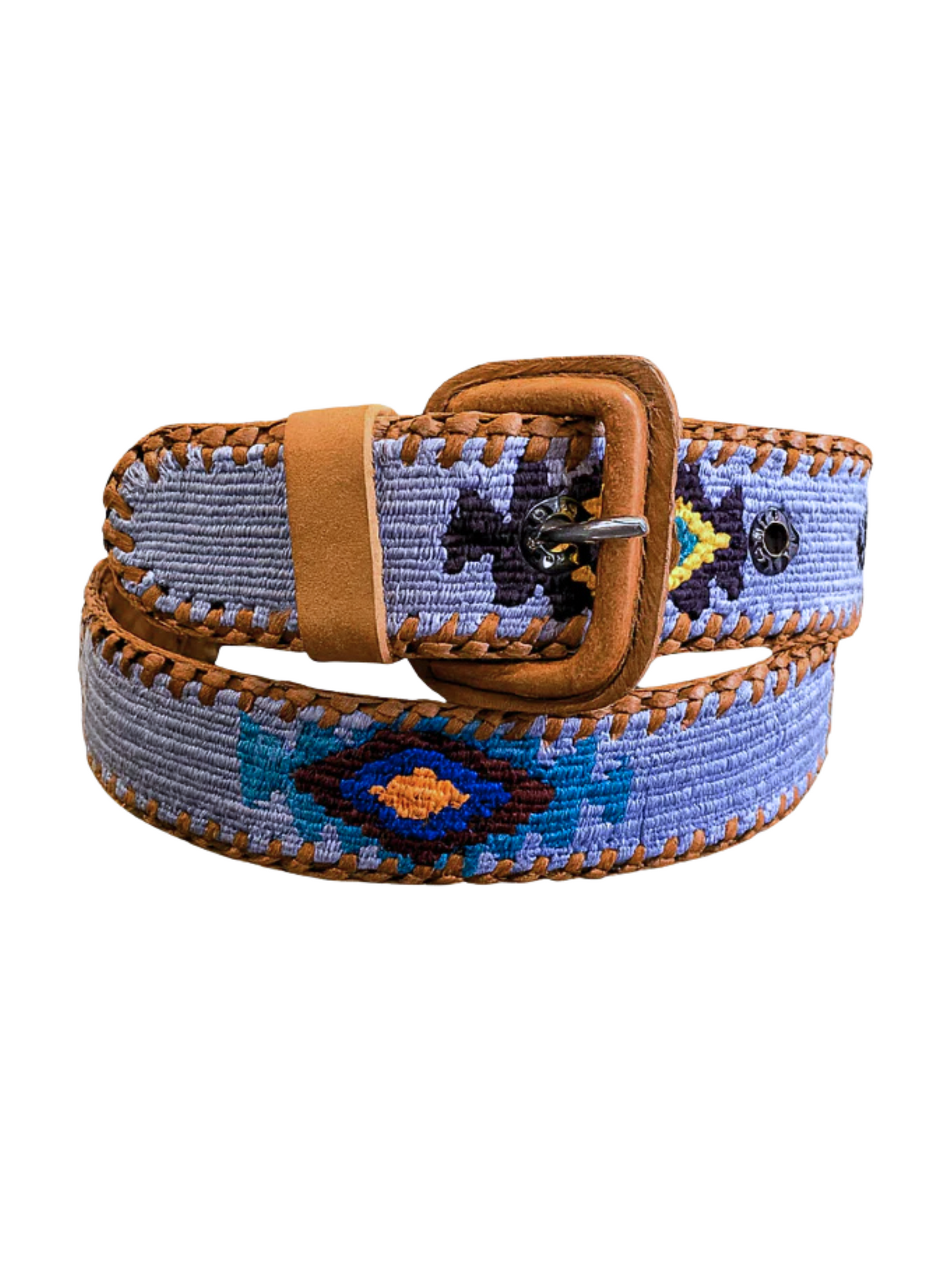 Blue woven belt with brown leather buckle