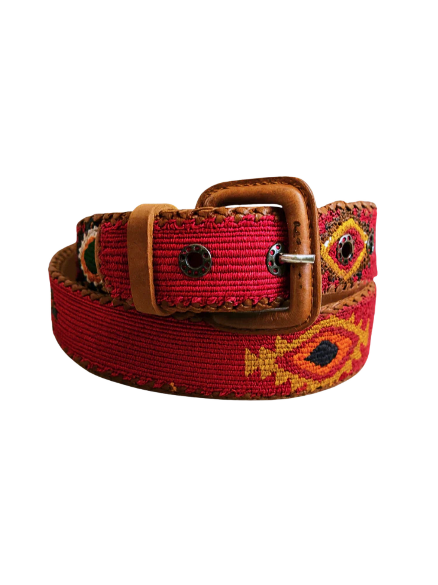 red belt with brown leather buckle