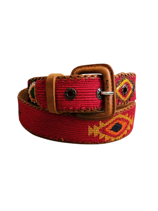 red belt with brown leather buckle