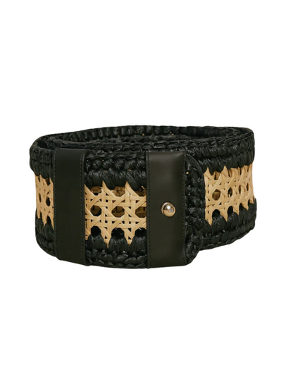 Black and beige woven belt with star pattern