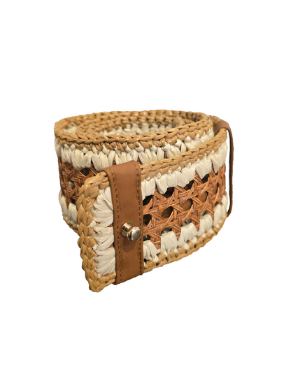 Woven belt with a brown leather strap