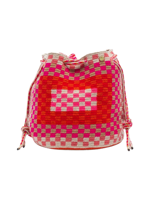 Woven drawstring bag with pink and orange pattern