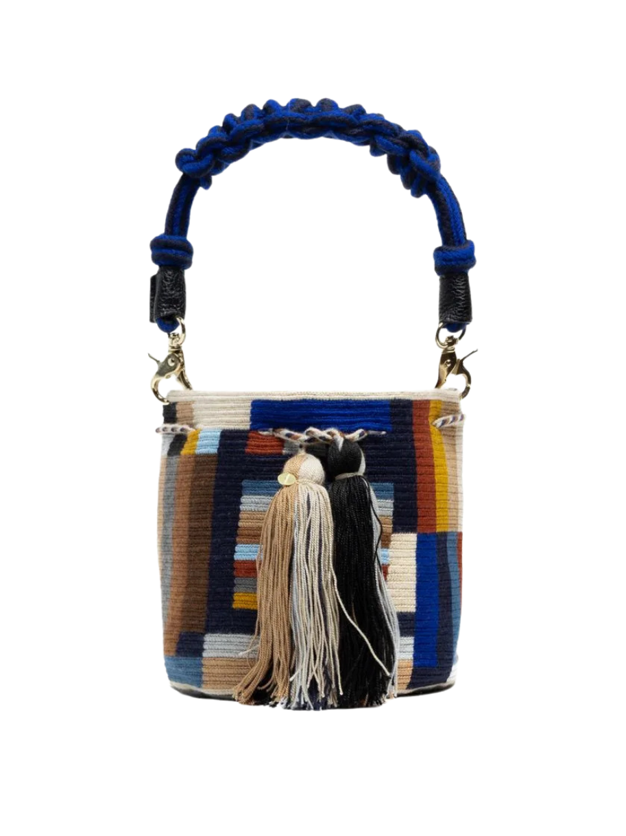 Colorful handbag with a blue handle and tassels 