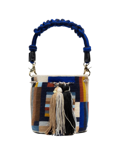 Colorful handbag with a blue handle and tassels 