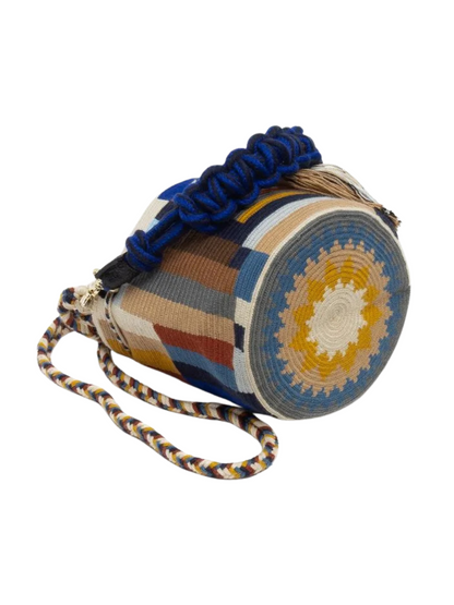 Colorful handbag with a blue handle and tassels 
