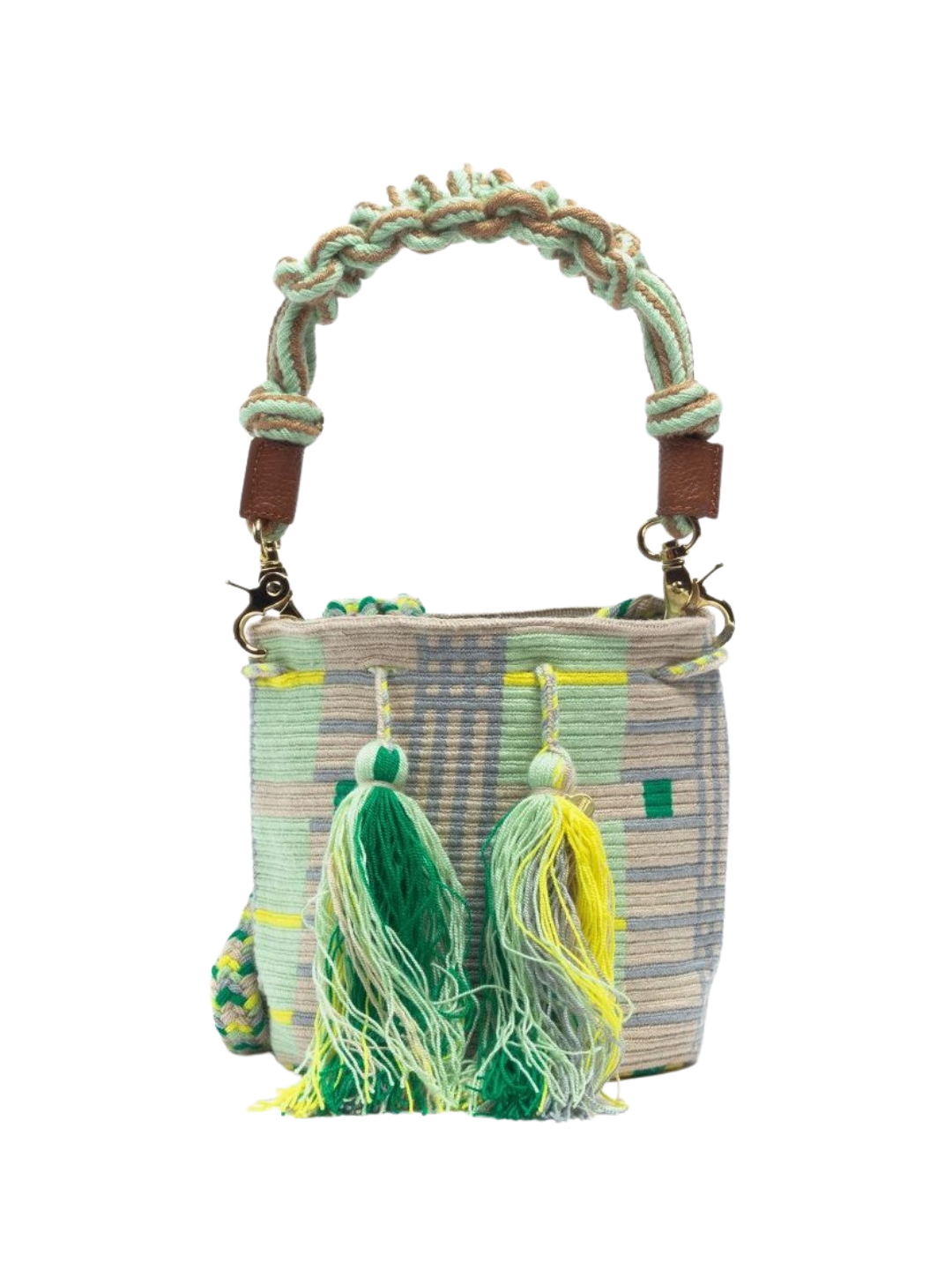 handmade wayuu bag with  lime mint green pattern