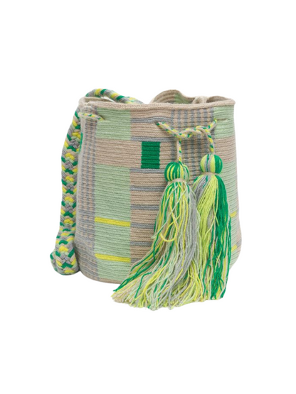 handmade wayuu bag with  lime mint green pattern