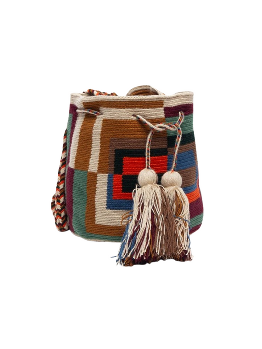 handmade crossbody bag with vibrant geometric design