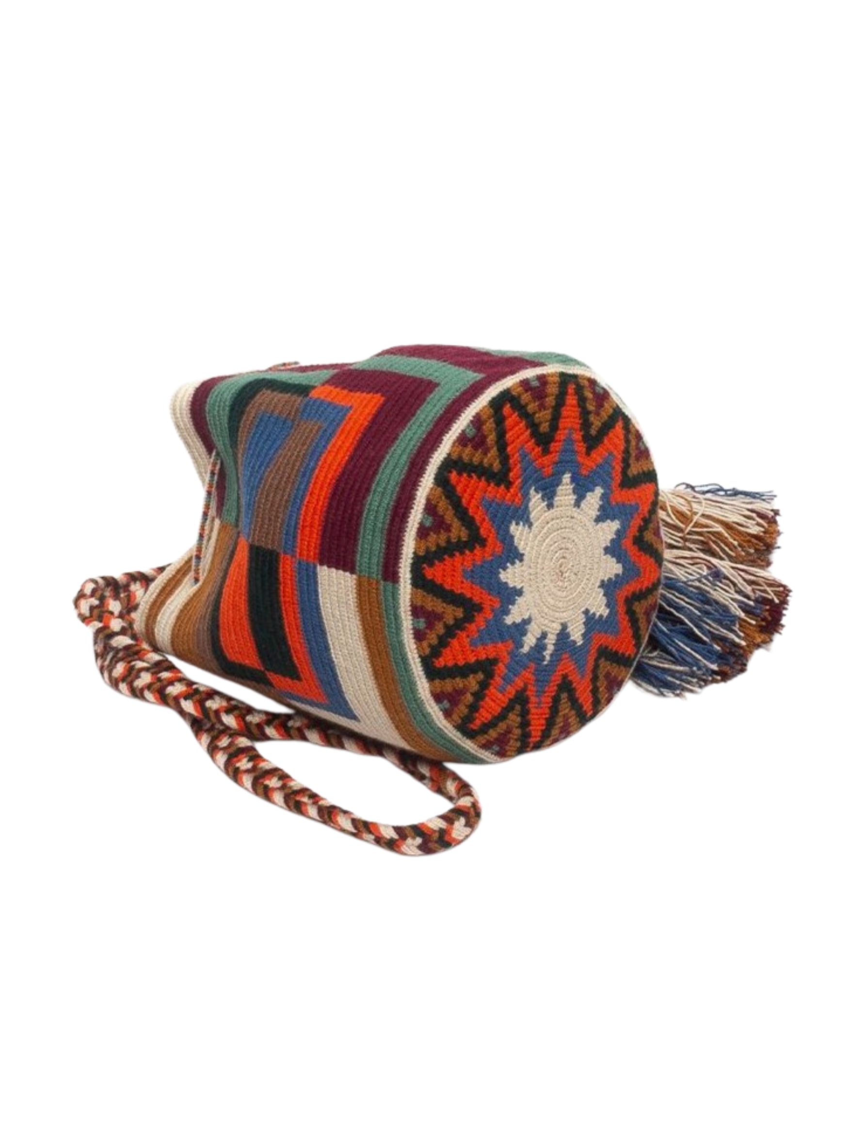 handmade crossbody bag with vibrant geometric design