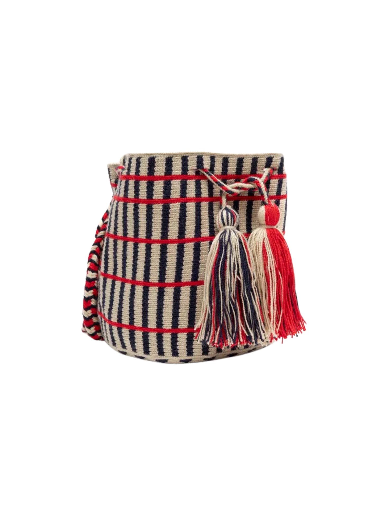 Striped bag with red accents and tassels