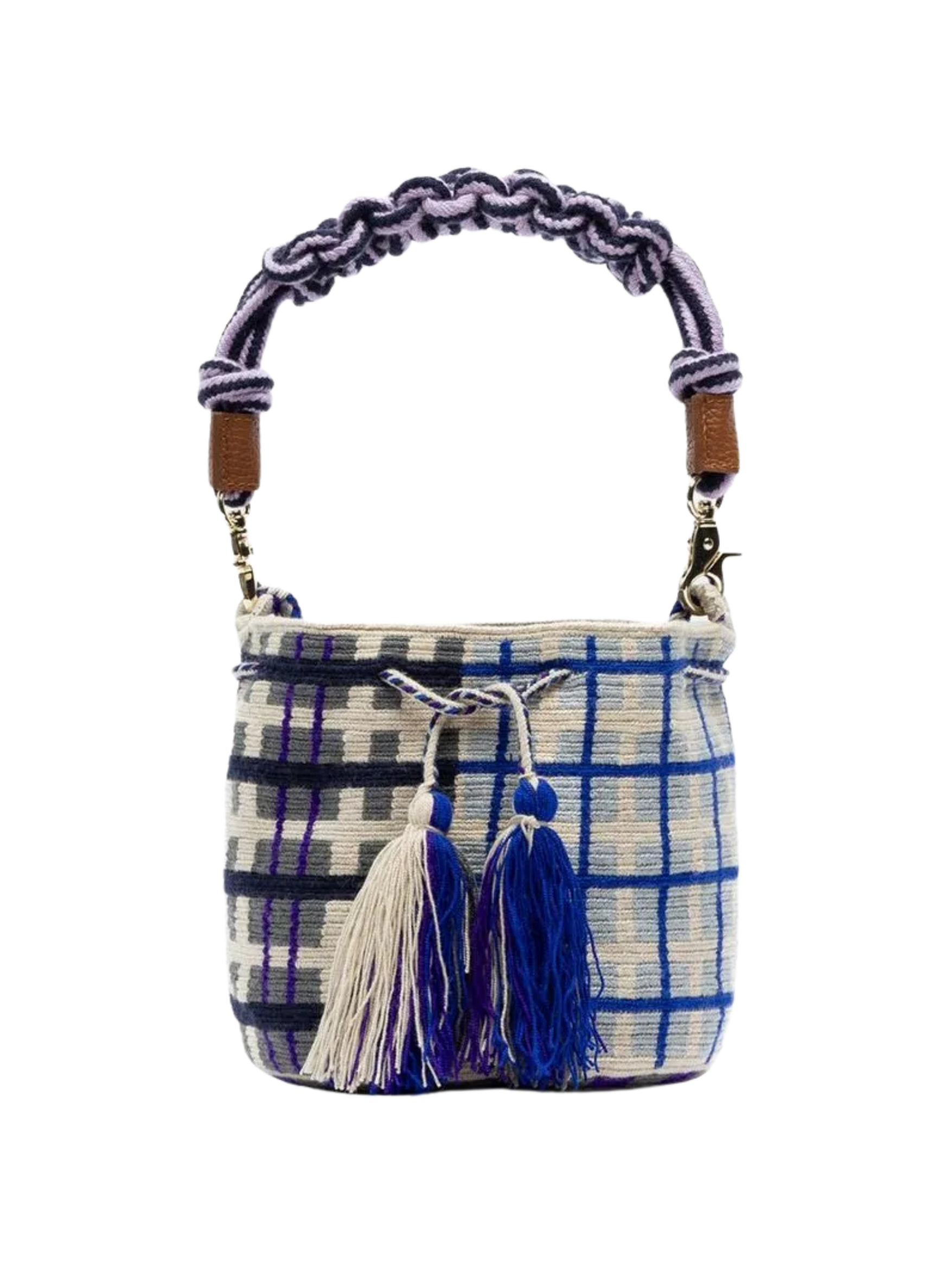 hand woven wayuu handbag blue lilac pattern 