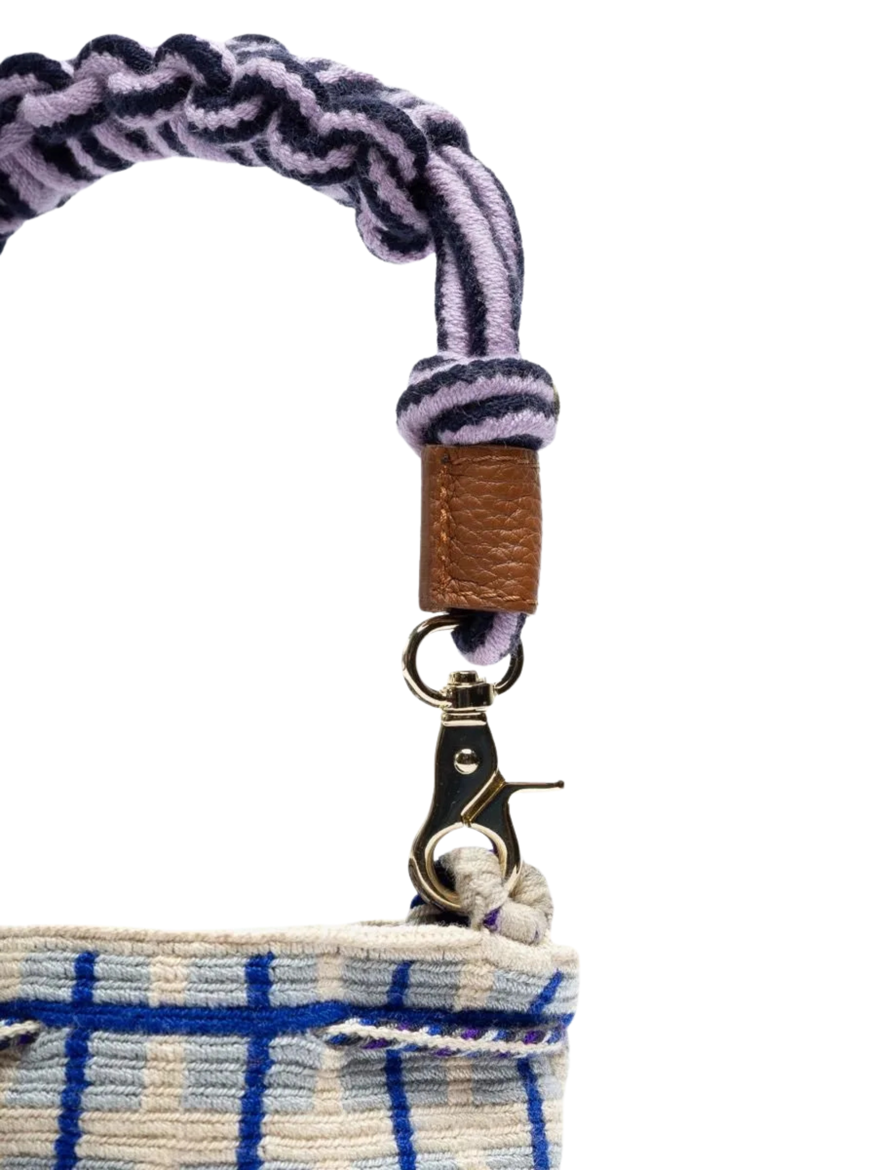 hand woven wayuu handbag blue lilac pattern 