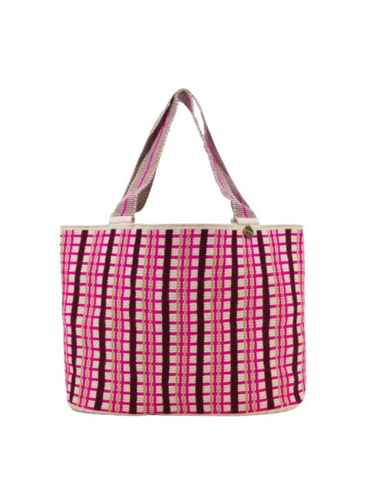 Checkered tote bag with pink and dark red pattern