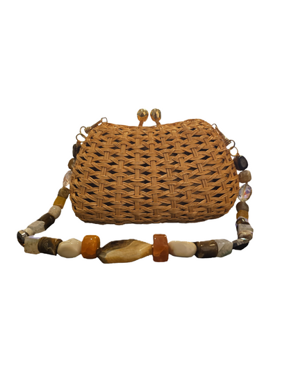 wicker clutch bag with detachable stone strap