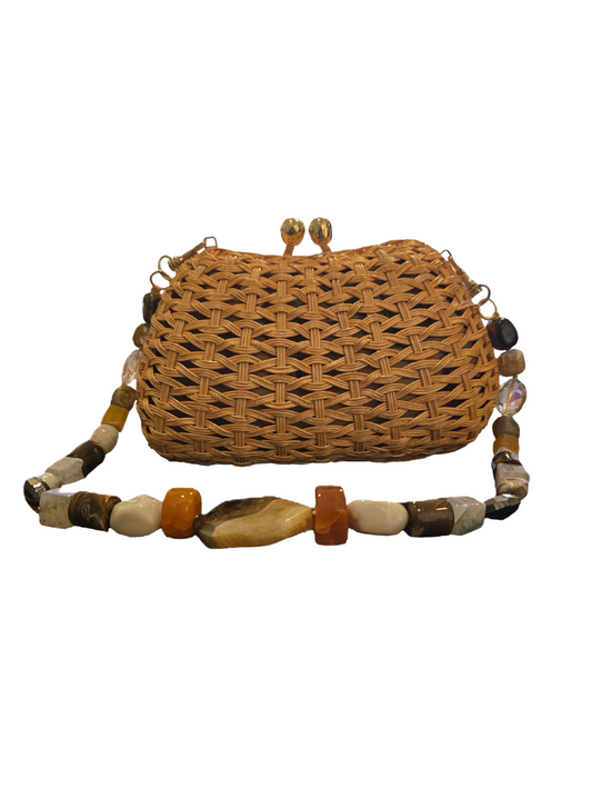 wicker clutch bag with detachable stone strap