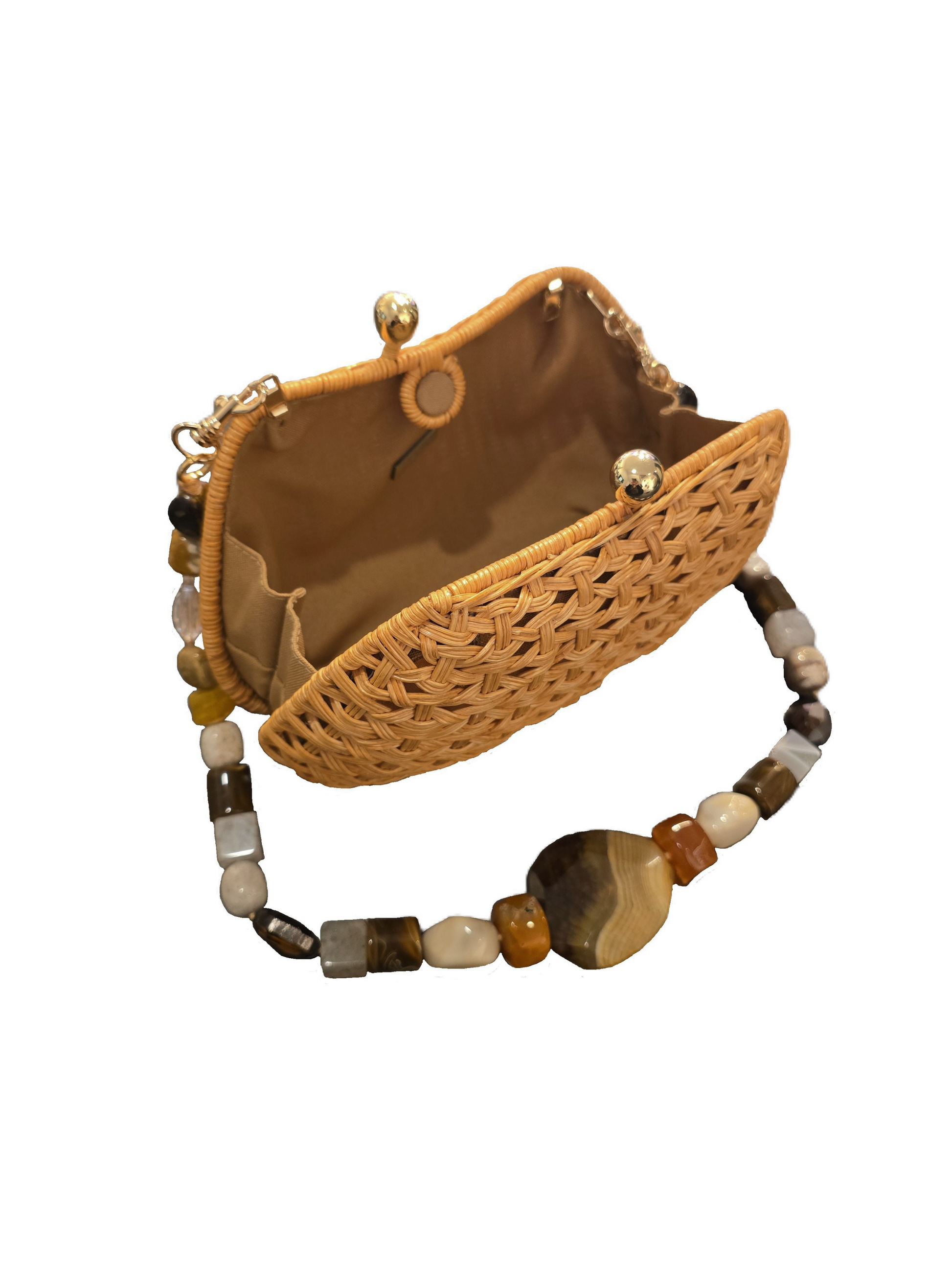 wicker clutch bag with detachable stone strap