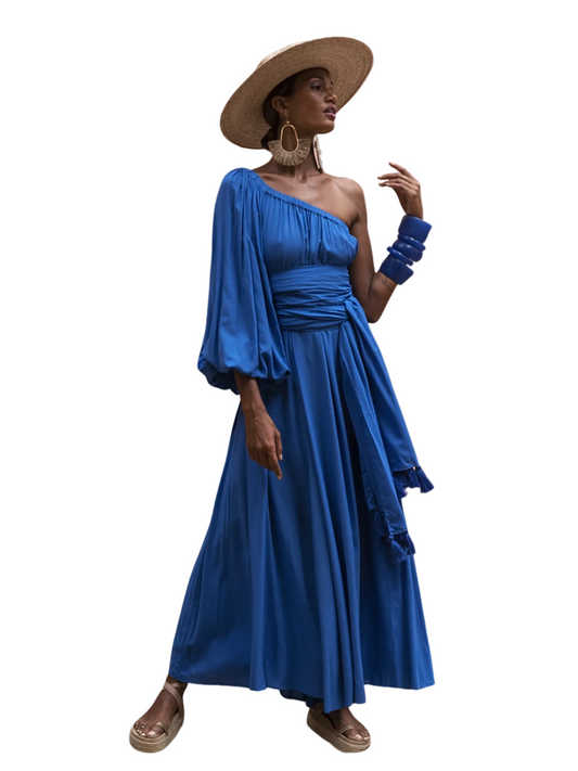  blue one-shoulder dress 