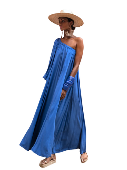  blue one-shoulder dress 