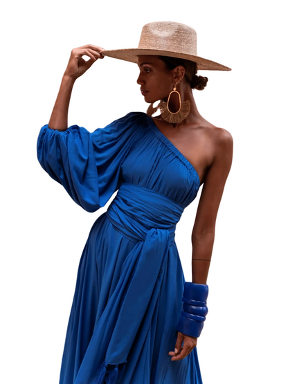 blue one-shoulder dress 
