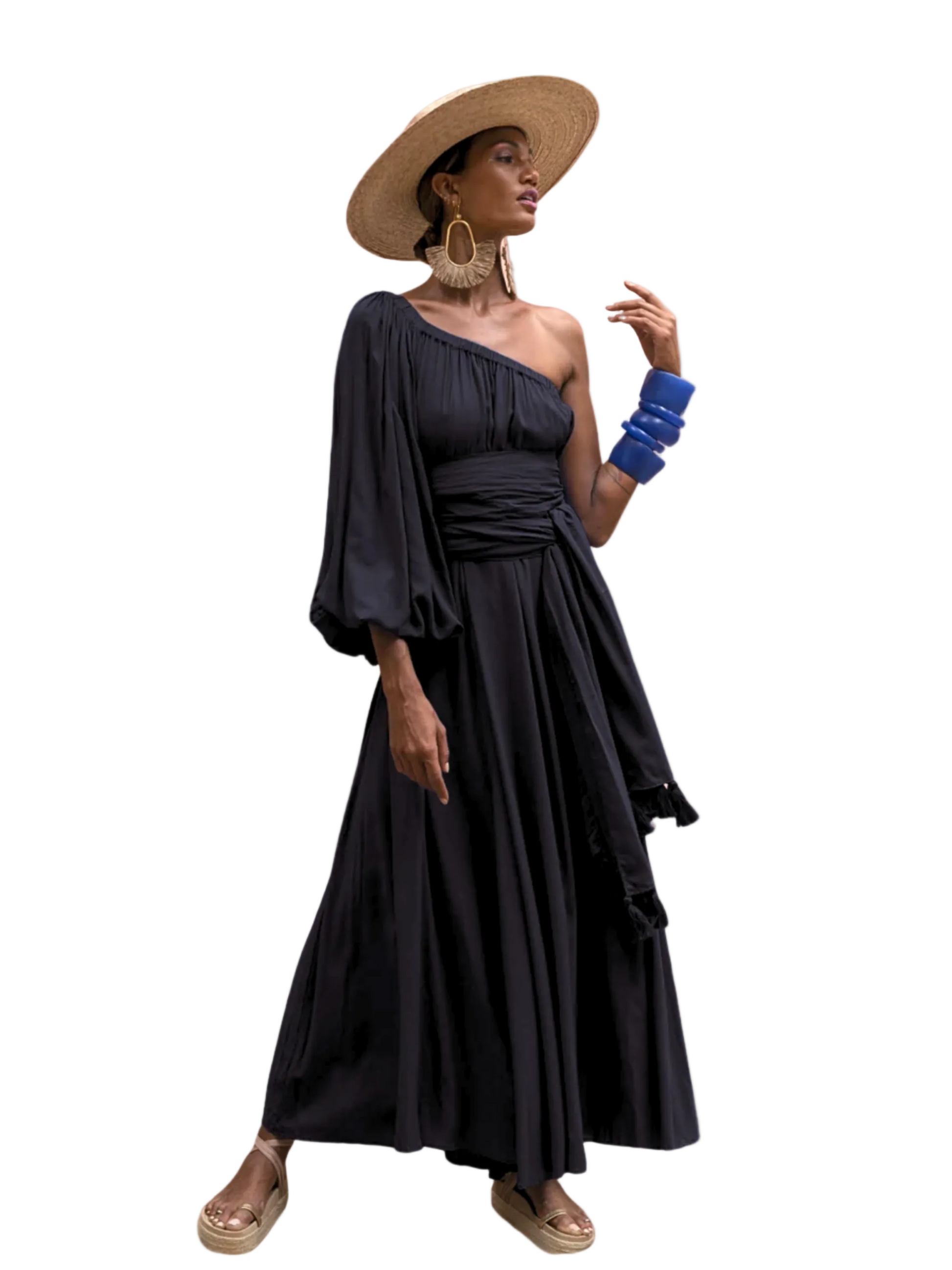  black one-shoulder dress 
