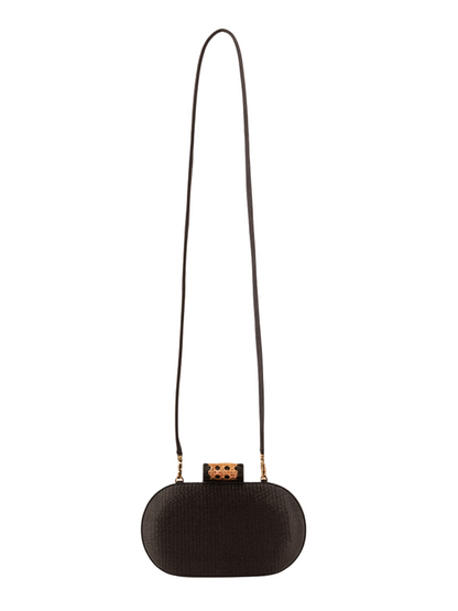 Black clutch bag with a decorative clasp And Multiple Straps