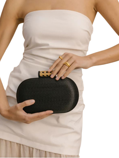 Black clutch bag with a decorative clasp And Multiple Straps