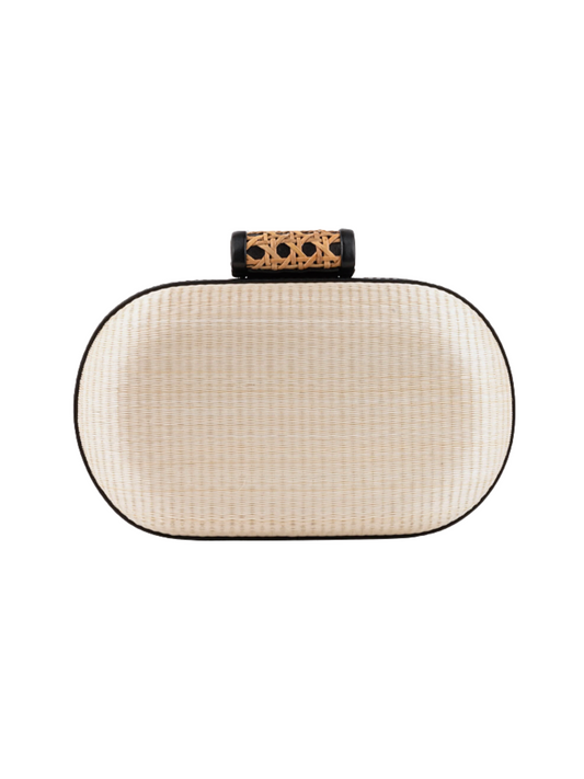 White  clutch bag with a textured surface multiple straps