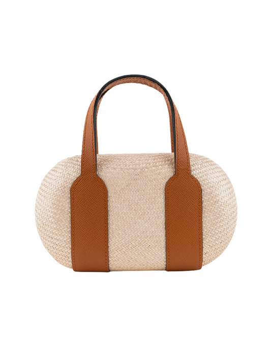 Beige straw handbag with brown leather handles and Shoulder Strap