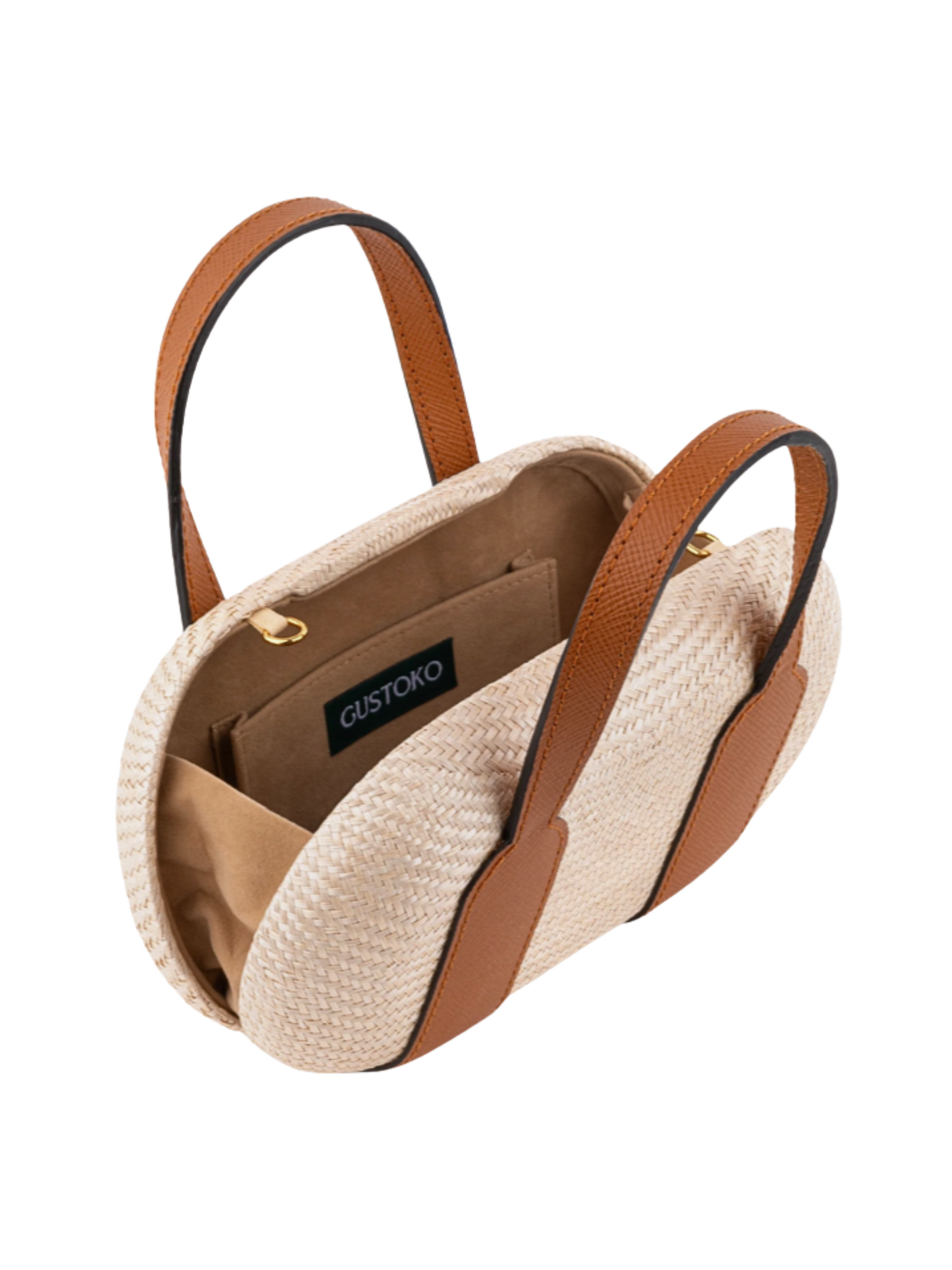 Beige straw handbag with brown leather handles and Shoulder Strap