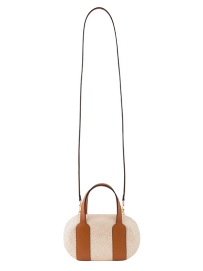 Beige straw handbag with brown leather handles and Shoulder Strap
