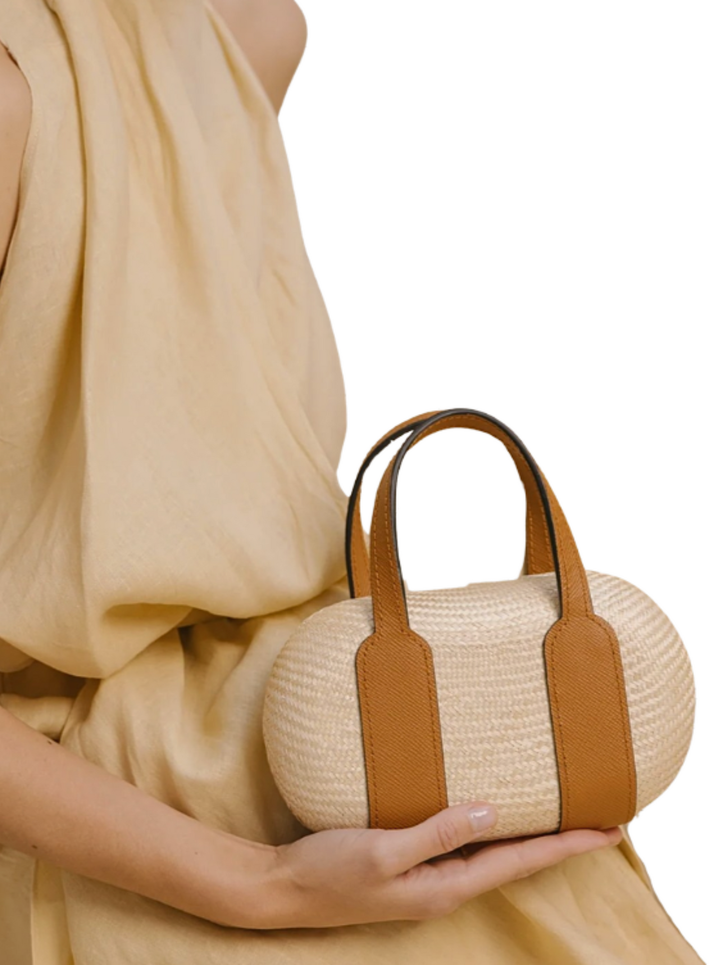 Beige straw handbag with brown leather handles and Shoulder Strap