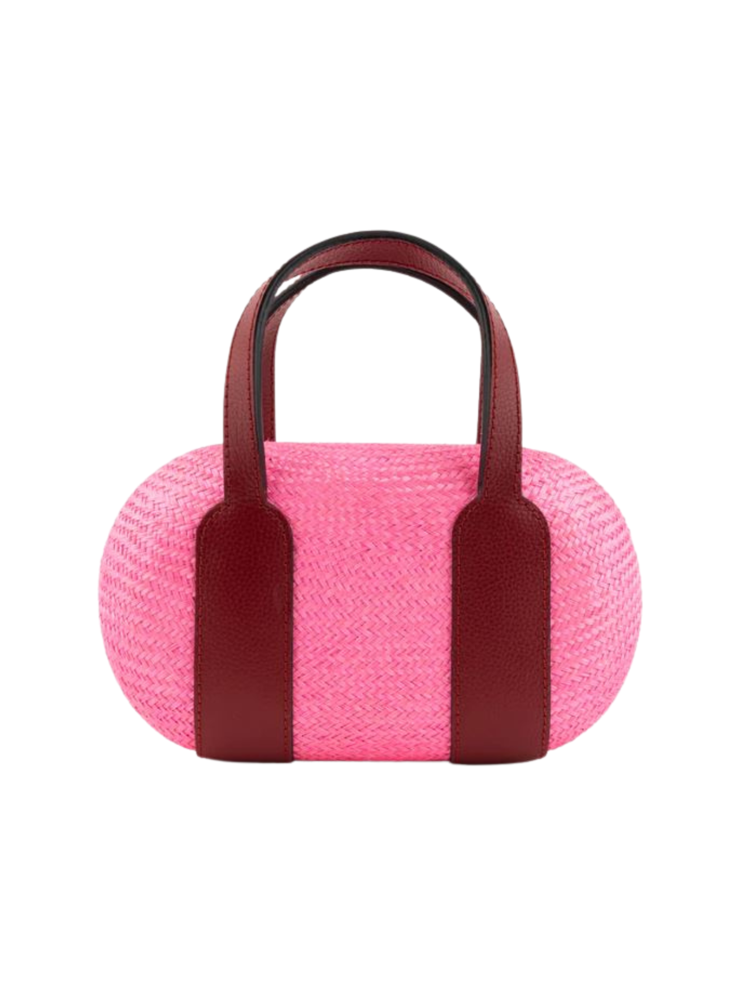 Pink woven handbag with dark red handles 
