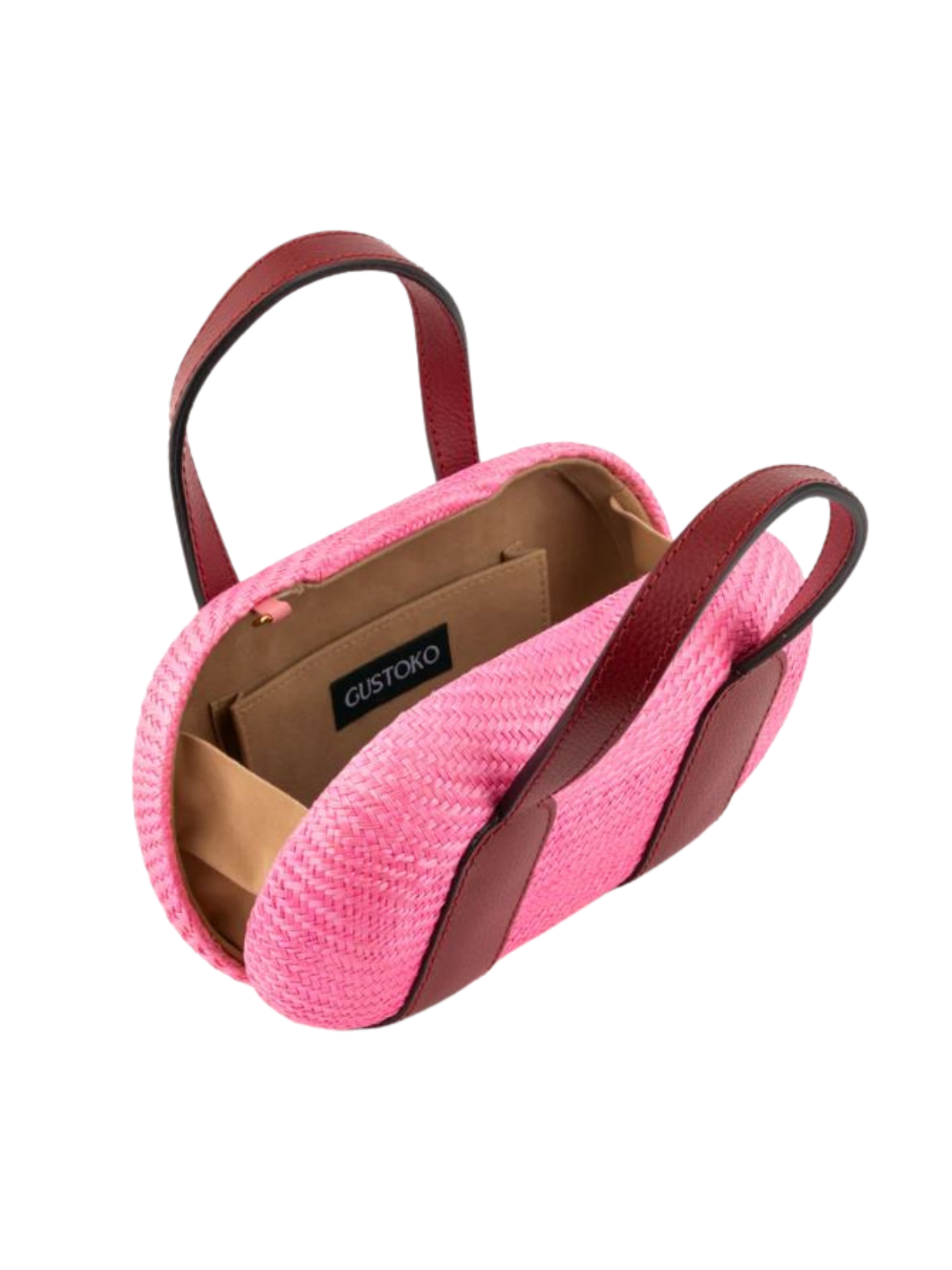 Pink woven handbag with dark red handles 