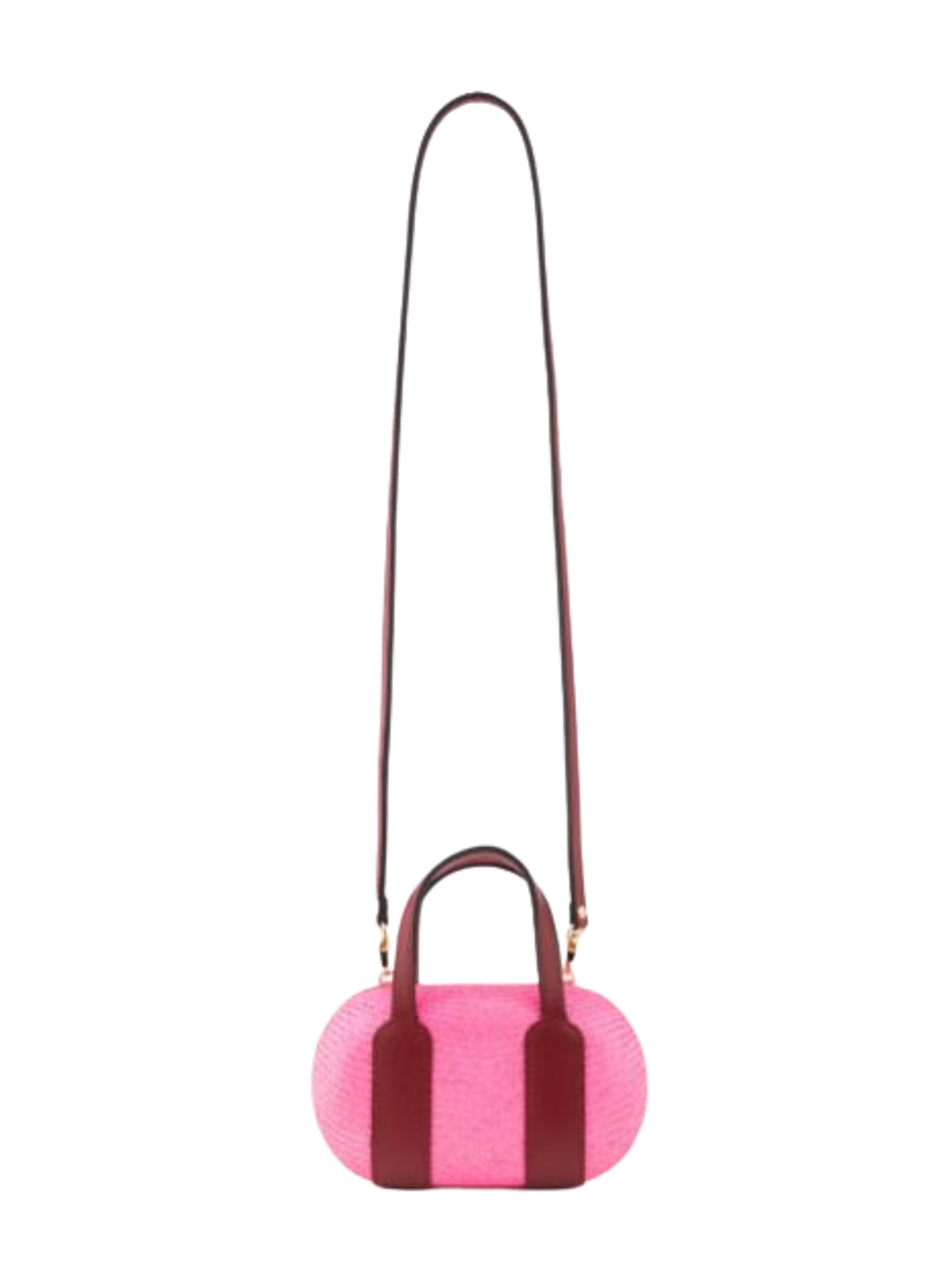 Pink woven handbag with dark red handles 