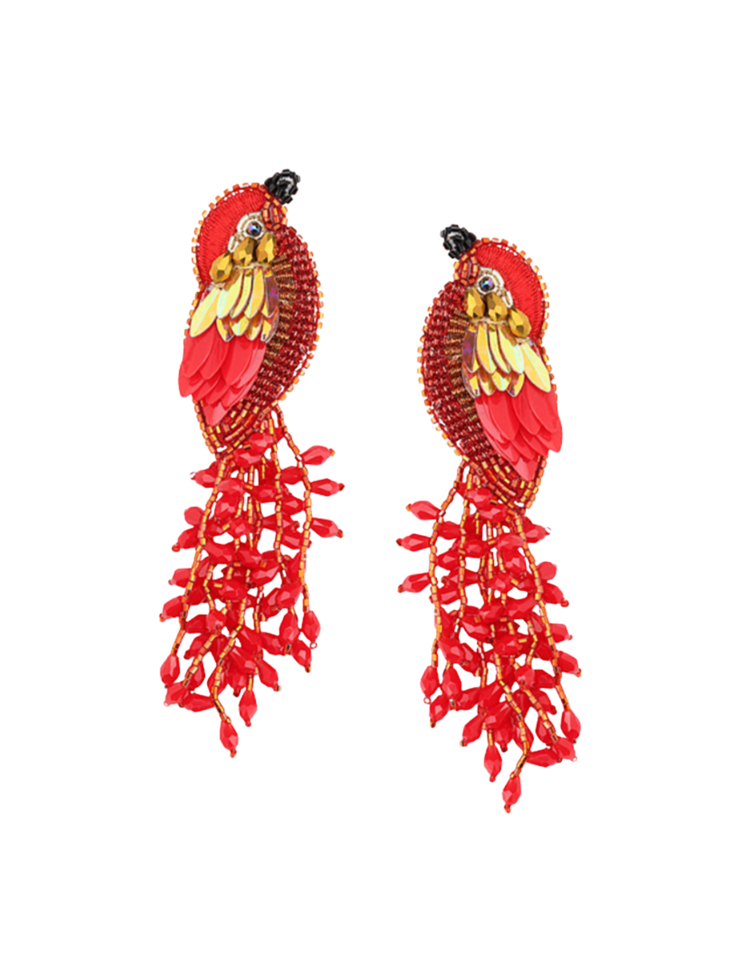 Pair of red and gold parrot-shaped earrings