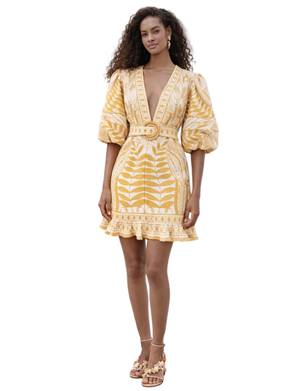 Natural Beige Linen Mini Dress With Sleeves By Farm Rio