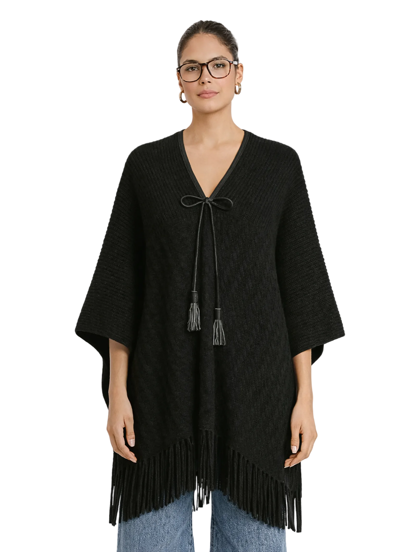  black poncho with fringe details