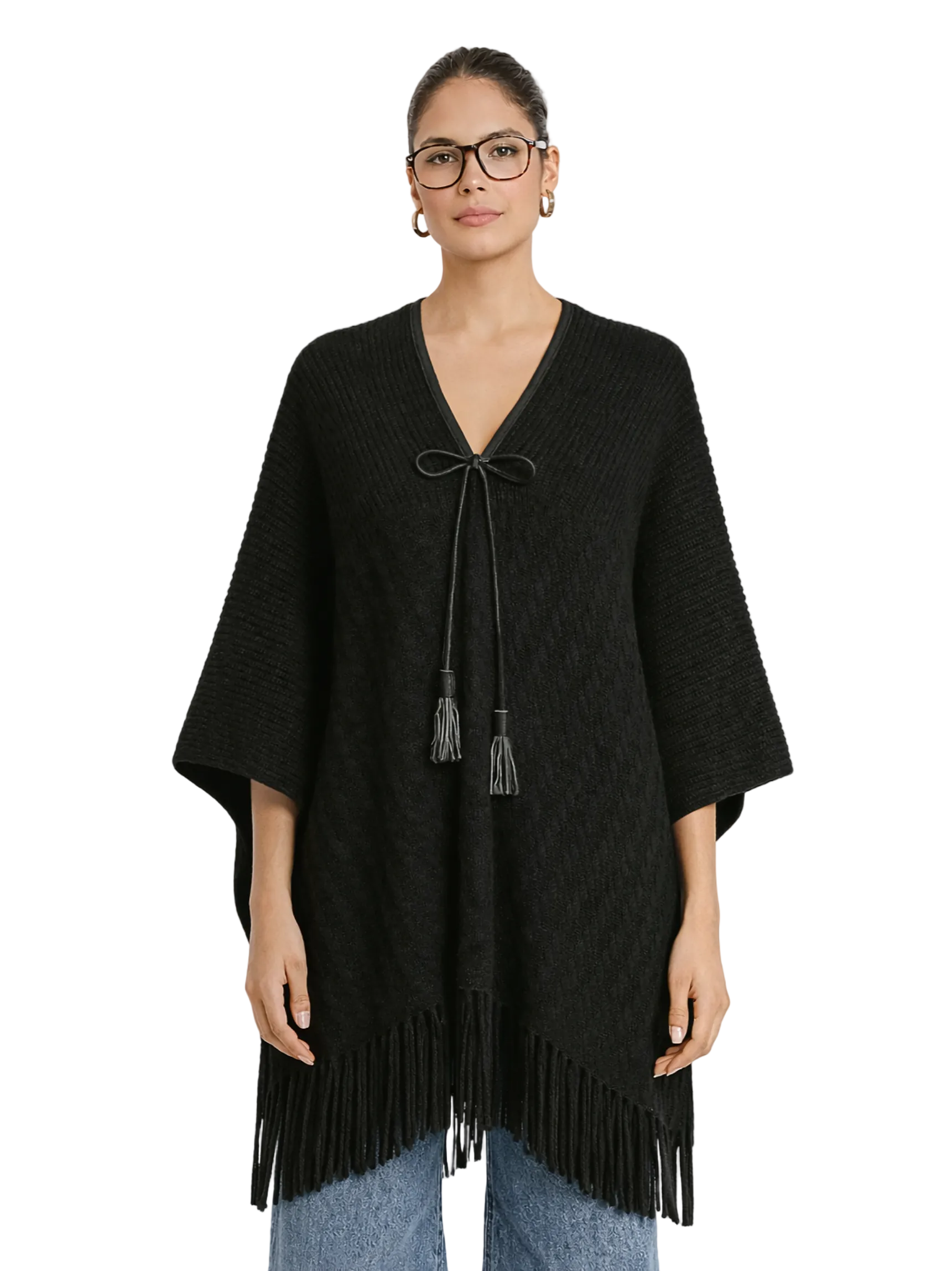  black poncho with fringe details