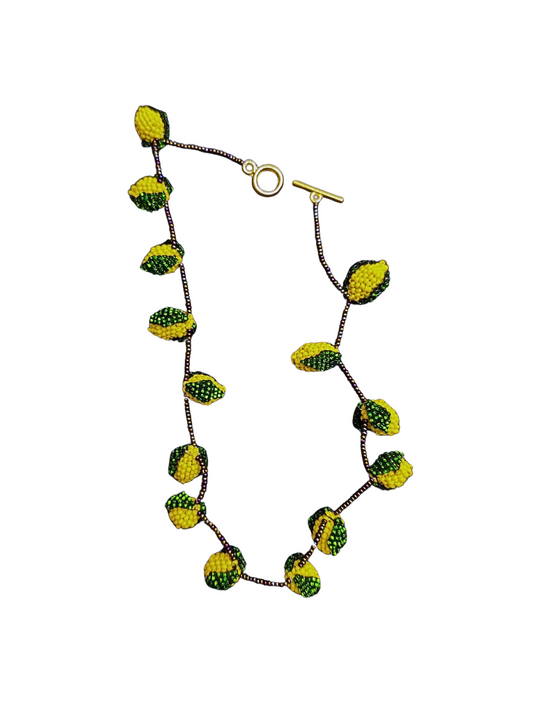 Necklace with green and yellow lemon-like beads 